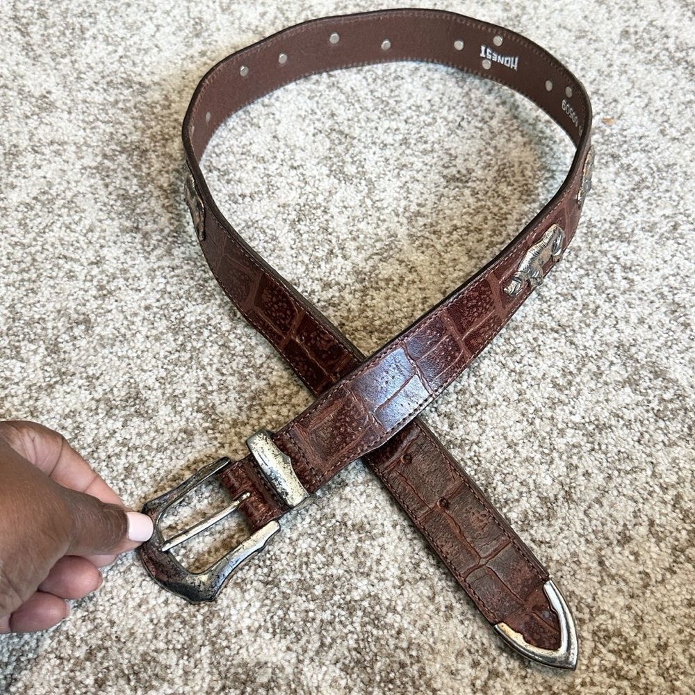 Brighton Honest VTG Brown Croc Leather Belt Silver Safari Animal Accents 30